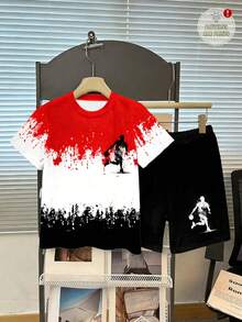 Bộ 2 món cho bé trai tuổi teen, gồm áo thun ngắn tay cổ tròn và quần short in hình vận động viên chạy bộ màu đỏ trắng đen, kiểu dáng thường ngày thời trang, họa tiết ngộ nghĩnh, trang phục thể thao mùa hè ngoài trời, chất liệu mềm mại và thoải mái, phù hợp cho trẻ em mặc trong các hoạt động ngoài trời. - Nhiều màu - Xem 4