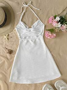 SHEIN Tween Girl Solid Color Halter Tie Ruched Party & Casual Dress - Apricot - View 2