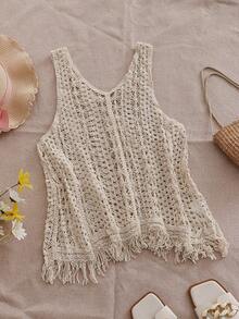 SHEIN Franclia Áo tank top không tay ren xuyên thấu kiểu Pháp cổ điển dành cho nữ, áo hai dây dáng rộng ôm sát có tua rua viền, áo vest cổ chữ V chống nắng dành cho kỳ nghỉ. - Màu be - Xem 2