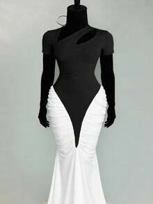Xyvia New Elegant Sexy Asymmetrical Neck Hollow Out Bodycon Ruched Colorblock Fitted Mermaid Dress For Women Cutout Dress Maxi Dress Black And White Dress Elegant Dress Fitted Dress Zanea Dress For Woman Busniess Formal Outfits For Women Body Fit Long Dress New Arrival Dress For Women Casual - Black and White - View 4