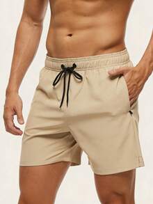 Manfinity KASUA Pantalones cortos casuales de playa para hombre de talla grande, unicolor, con bolsillos inclinados y cintura con cordón, para vacaciones - Caqui - Ver 3