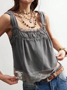 Bohemela Women's Grey Blue Elegant Summmer Tank Top,Y2K Boho Western Lace Patchwork Washing Distressing Color-Blocked Basic Tops,Perfect For Dates&Festivals - Grey - View 2