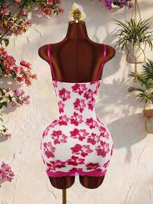 Amplova Lace Cup Detail Tropical Floral Mesh Bodycon Mini Dress - Pink - View 2