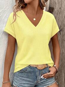 EMERY ROSE Casual Solid Color Short Sleeve T-Shirt, Versatile For Summer - Yellow - View 7