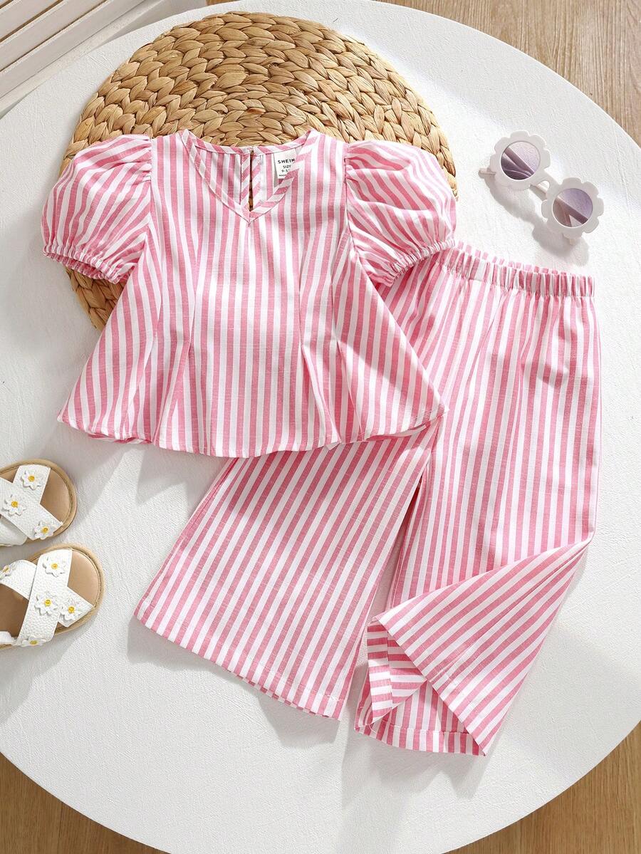 Conjunto de top de manga corta a rayas con lazo y pantalones de cintura elástica para bebé niña en verano - Rosa - Ver 1