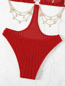 SHEIN Swim 1 件女士纯色性感连体泳衣，特殊面料夏季 - 紅色 - 查看 5