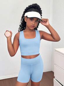 SHEIN 少女纯色针织镂空露背背心和骑行短裤两件套，适合瑜伽、运动会、返校季等场合。 - 淺藍色 - 查看 2
