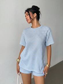 Siren Gaze Bộ đồ nữ gồm áo ngắn tay cổ tròn kẻ sọc và quần short, kiểu dáng thường ngày. - Nhiều màu - Xem 2