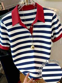 SHEIN LUNE Áo sơ mi cổ bẻ kẻ sọc thanh lịch dành cho nữ, phù hợp cho công sở hàng ngày và trang phục du lịch. - Nhiều màu - Xem 3