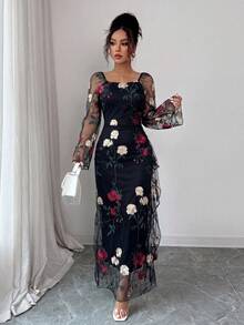 Elenzga Women's Square Neck Mesh Floral Embroidered Elegant Dress, Suitable For Gatherings, Formal Occasions In Spring/Summer (Random Embroidery) - Black - View 4