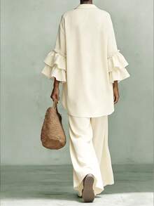Breezaya Conjunto de 2 piezas de camisa de algodón tipo lino y pantalones de pierna ancha para mujer - Beis - Ver 3