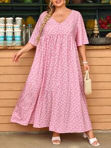 SHEIN CURVE+ Vestido casual de mujer talla grande con estampado floral diminuto, vestido de mujer rosa y colorido, vestido holgado tipo babydoll, para verano - Rosa - Ver 4