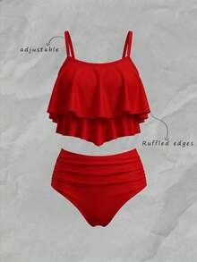 Elavelle Conjunto de tankini unicolor con dobladillo de pañuelo, top fluido y parte inferior fruncida de talle alto, traje de baño de 2 piezas - Rojo - Ver 1