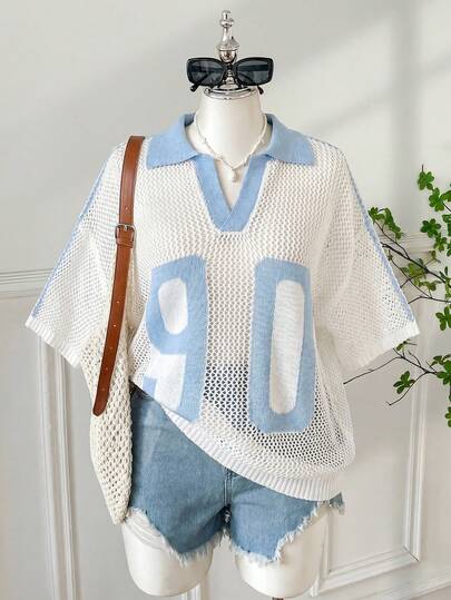 SHEIN EZwear 大码女式数字刺绣镂空针织衫，适合度假和海滩穿着