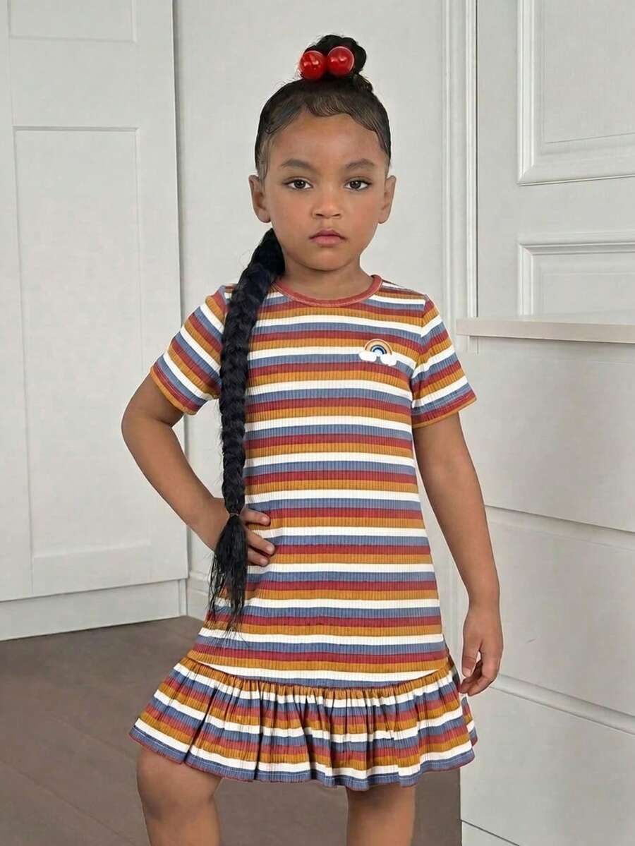 SHEIN Young Girl' Striped Round Neck Short Sleeve Dress - Coral Orange - View 1