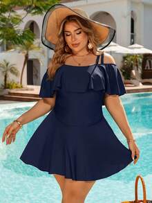 Swim Lushoire 2026 New Summer Holiday Plus Size Navy Blue One-Piece Swimsuit,Elegant Adjustable Strap Ruffle A-Line Off Shoulder Tropical Beach Vacation Party - Navy Blue - View 3