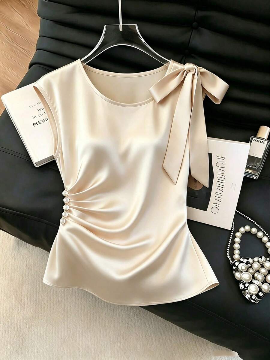 Franclia Women's Elegant Pleated Bow Tie Blouse, Summer - Apricot - View 1