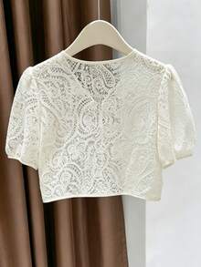 Franclia Chaqueta corta de mujer elegante de encaje transparente de manga corta, ligera para el verano - Albaricoque - Ver 2