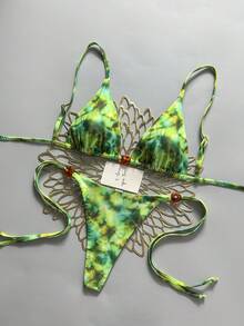 Swim Vcay 女士夏季海滩度假串珠装饰随机扎染印花露背性感比基尼套装 - 綠色 - 查看 1