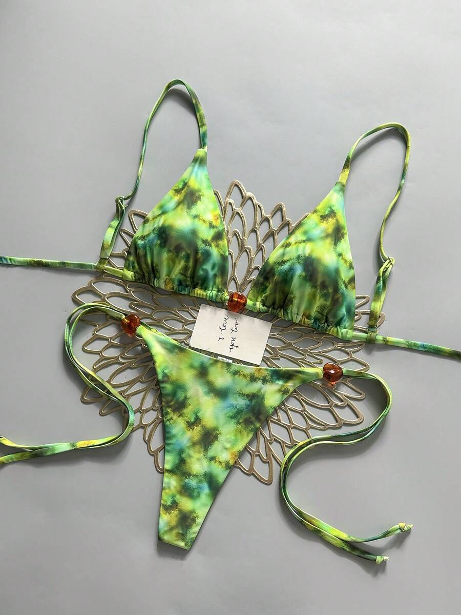 Swim Vcay 女士夏季海滩度假串珠装饰随机扎染印花露背性感比基尼套装 - 綠色 - 查看 1