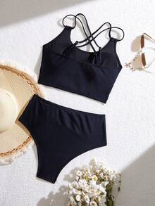 SHEIN Swim Basics Beach Ruched Top & Ruched Bottom Slimming Tankini Set, For Summer Vacation - Black - View 4
