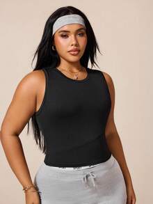 SHEIN Sports Rhythm Era Plus Size Women's Basic Yoga/Fitness Tank Top - Black - View 4