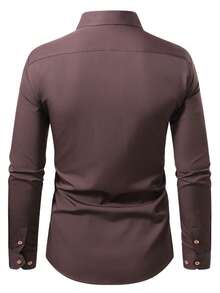Manfinity Mode Men's Solid Color Minimalist Casual Long Sleeve Shirt - Coffee Brown - View 2