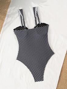 Swim Chiccia Women's Summer Casual Sexy Vacation Beach Golf Polka Dot Print One-Piece Swimsuit Bikini White - Black and White - View 2
