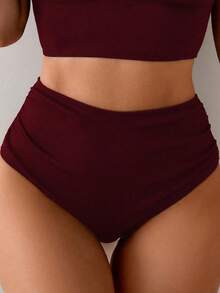 Shapewave Women's Summer Casual Vacation Ribbed High Waist Shorts, Tummy Control Black Swimwear Bottom - Burgundy - View 5