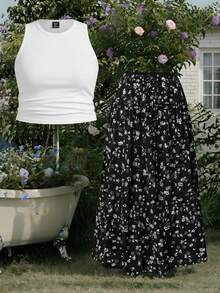 SHEIN EZwear 大码女式休闲纯色连体衣和碎花迷你裙两件套，春夏款 - 黑與白 - 查看 2