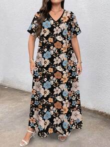 EMERY ROSE Plus Size Women Floral Retro Print V-Neck Short Sleeve Maxi Dress, Elegant Vacation Dresses, Summer - Multicolor - View 5