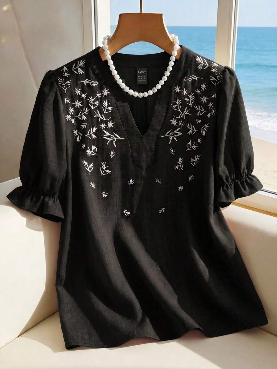 SHEIN Franclia 女士休闲刺绣翻领短袖衬衫 - 黑色 - 查看 1