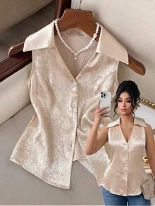GlowEve CURVE Plus Size Elegant Lapel Sleeveless Button-Up Shirt - Apricot - View 3