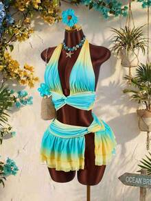 Amplova Bộ đồ hai mảnh ombre dành cho nữ, gợi cảm và phá cách, thích hợp cho trang phục đi nghỉ mát, thiết kế cổ yếm, vạt áo bất đối xứng hai lớp, phong cách biển thướt tha. - Màu xanh lam - Xem 4