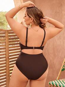 Swim Vcay 2026 New Summer Tie-Front Bikini Set High-Waisted Bottom Plus Size Swimwear Beach Holiday Holiday Shades Of Brown Sexsy Sexsy - Coffee Brown - View 2