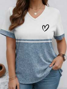 EMERY ROSE Camiseta casual de talla grande con cuello en V a rayas y patrón de corazón de patchwork - Multicolor - Ver 1