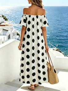 SHEIN Holidaya Đầm nữ kiểu dáng tối giản, hở vai, thích hợp cho kỳ nghỉ. - Đen và trắng - Xem 2