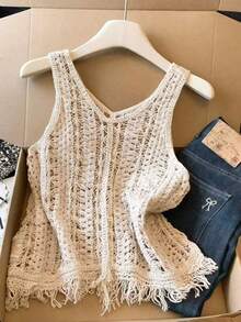 SHEIN Franclia Áo tank top không tay ren xuyên thấu kiểu Pháp cổ điển dành cho nữ, áo hai dây dáng rộng ôm sát có tua rua viền, áo vest cổ chữ V chống nắng dành cho kỳ nghỉ. - Màu be - Xem 3