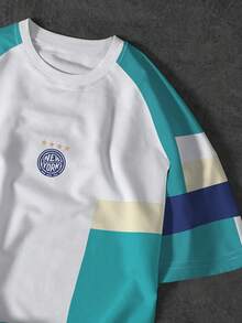 PAVTROS Men's Casual Letter Print Colorblock Round Neck Short Sleeve T-Shirt, Summer Football - Multicolor - View 3
