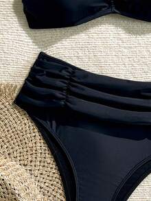 SHEIN Swim 全新 2 件套女式黑色抹胸上衣和短裤泳衣套装，夏季海滩度假休闲装 - 黑色 - 查看 5