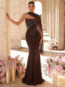 Glamrae Elegant Luxurious Beaded Sequin Lace Embroidered Patchwork Elastic Knit Ruched Mermaid Skirt With Detachable Halter, Tight Mermaid Dress Suitable For Wedding, Party, Vacation, Prom, Evening Gown (Heavy Embellished) - Coffee Brown - View 7