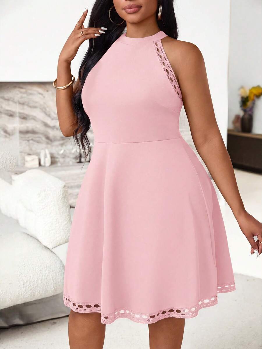 Plus Size Women Solid Color Halter Casual Party Vacation Dress - Pink - View 1