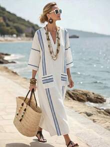 SHEIN Holidaya Đầm maxi dáng rộng, cổ chữ V, tay lỡ 3/4, in họa tiết, thích hợp cho nữ, phù hợp cho mùa xuân, hè, thu, đông, năm mới, Halloween. Kiểu dáng thoải mái, thanh lịch, thích hợp cho tiệc tùng, đi biển, hẹn hò lãng mạn, thời trang thường ngày. - Xanh và trắng - Xem 1