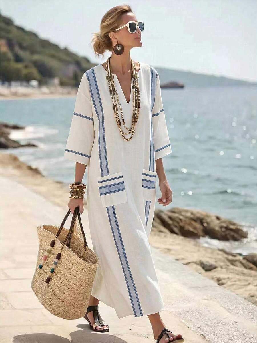 SHEIN Holidaya Đầm maxi dáng rộng, cổ chữ V, tay lỡ 3/4, in họa tiết, thích hợp cho nữ, phù hợp cho mùa xuân, hè, thu, đông, năm mới, Halloween. Kiểu dáng thoải mái, thanh lịch, thích hợp cho tiệc tùng, đi biển, hẹn hò lãng mạn, thời trang thường ngày. - Xanh và trắng - Xem 1