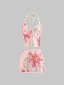 Sweetra French Chic Sequin Spaghetti Strap Camisole And Bodycon Shiny Mini Skirt 2-Piece Set, And Eye-Catching Early Spring New Subculture Sweet Style For Ladies - Pink - View 3