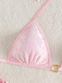 SHEIN Swim 2pcs Solid Color Lace Patchwork Halter Triangle Cup Bra And Swim Bottoms Bikini Set For Summer Beach Vacation - Pink - View 4