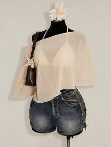 SHEIN ICON Plus Size Chiffon Wrap Triangle Cup Tie Camisole Top 2 Piece Set For Women - Apricot - View 8