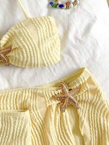 SHEIN 3pcs Tween Girls Solid Yellow Textured Knit Swimwear Set, Starfish Button Adorable Swimwear Set For Beach, Holiday, Vacation - Yellow - View 6