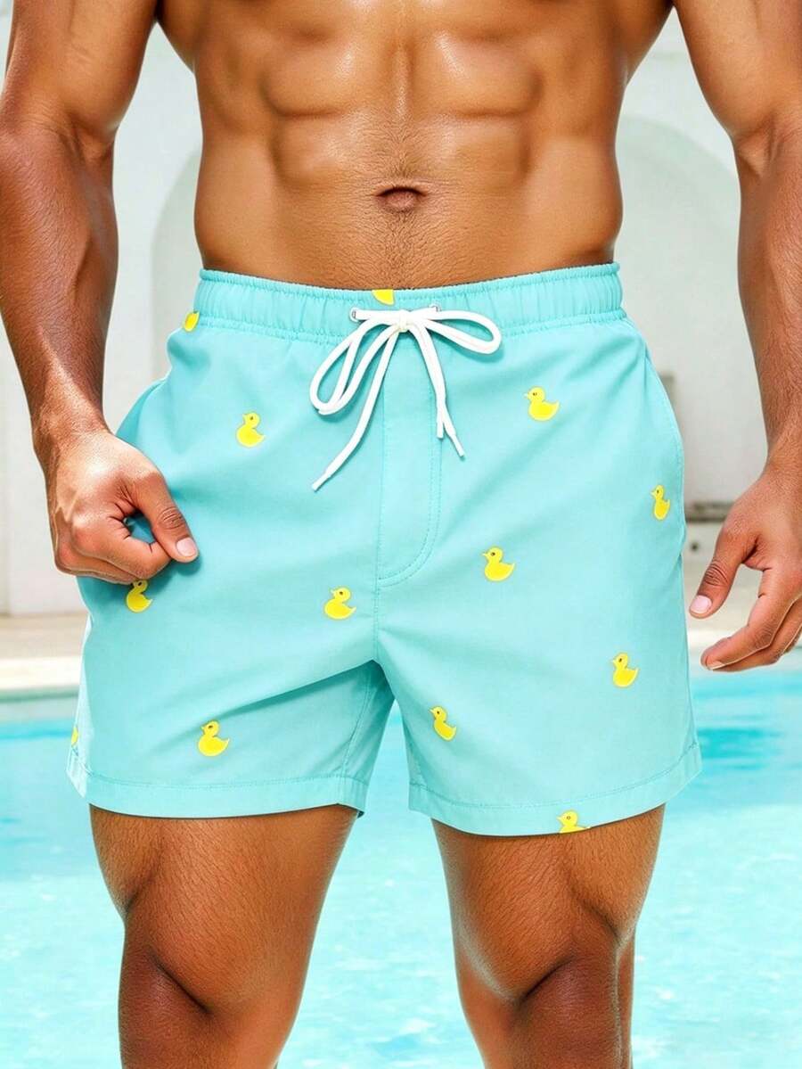 Genlund Men's Yellow Duck Print Beach Shorts - Mint Blue - View 1