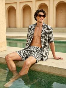 Manfinity VDAYZ Bộ đồ đi biển dành cho nam: áo sơ mi và quần short in họa tiết hình học. - màu đen - Xem 6